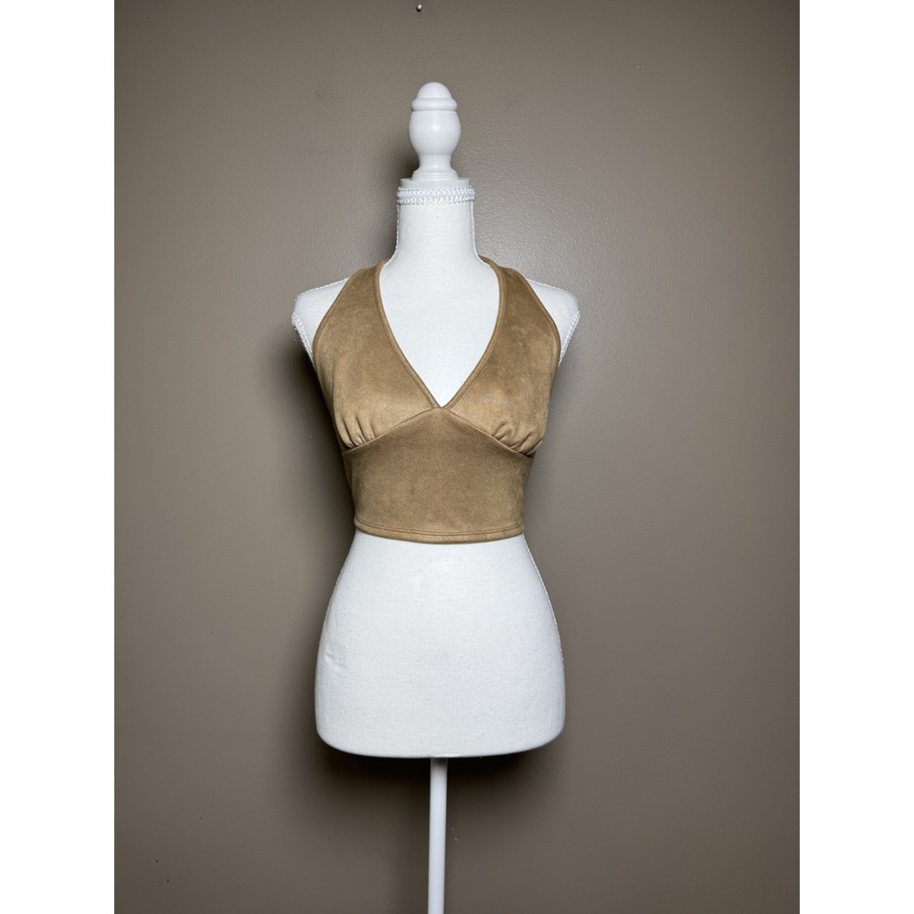 Altar'd State Brown Faux Suede Crop Halter Top V-Neck Tie Back Size L